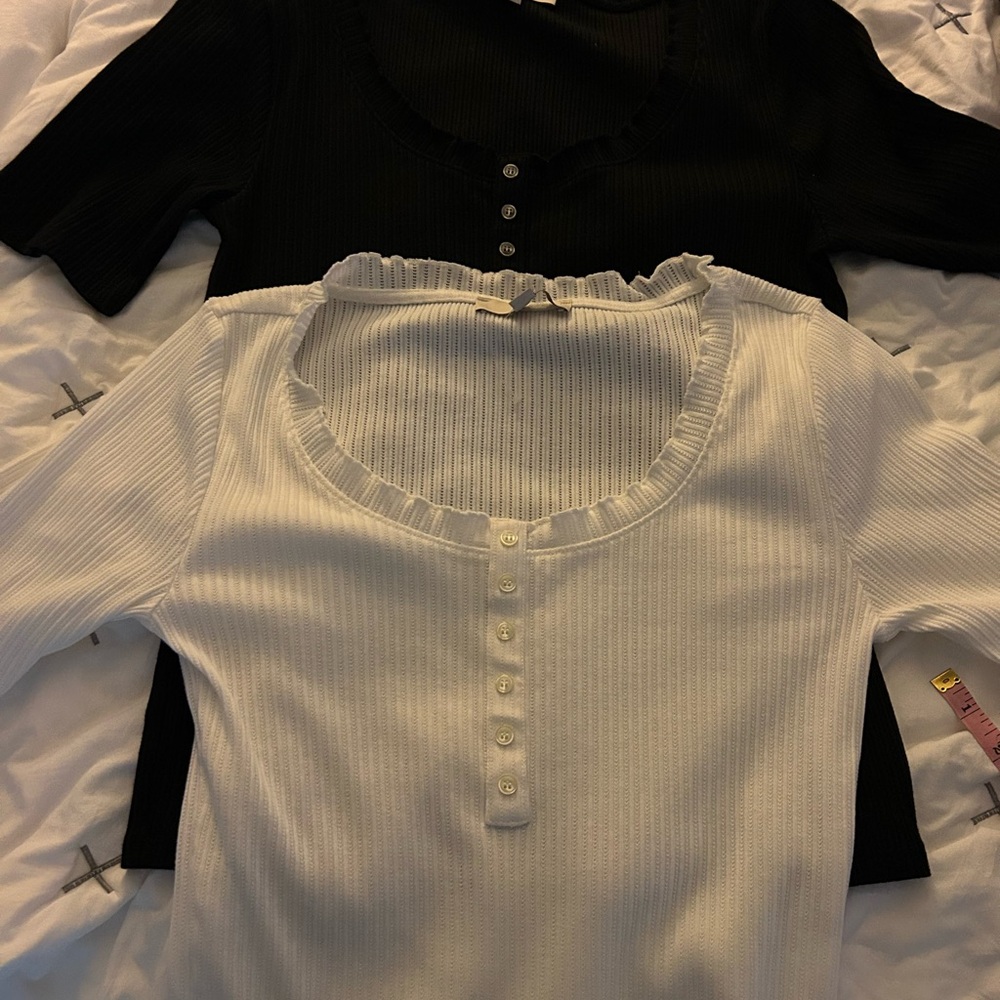 Loft Black and White Ribbed Button-Up Tops (2)